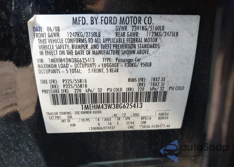 2008 Mercury Sable Premier from USA, damaged, VIN 1MEHM43W38G625413